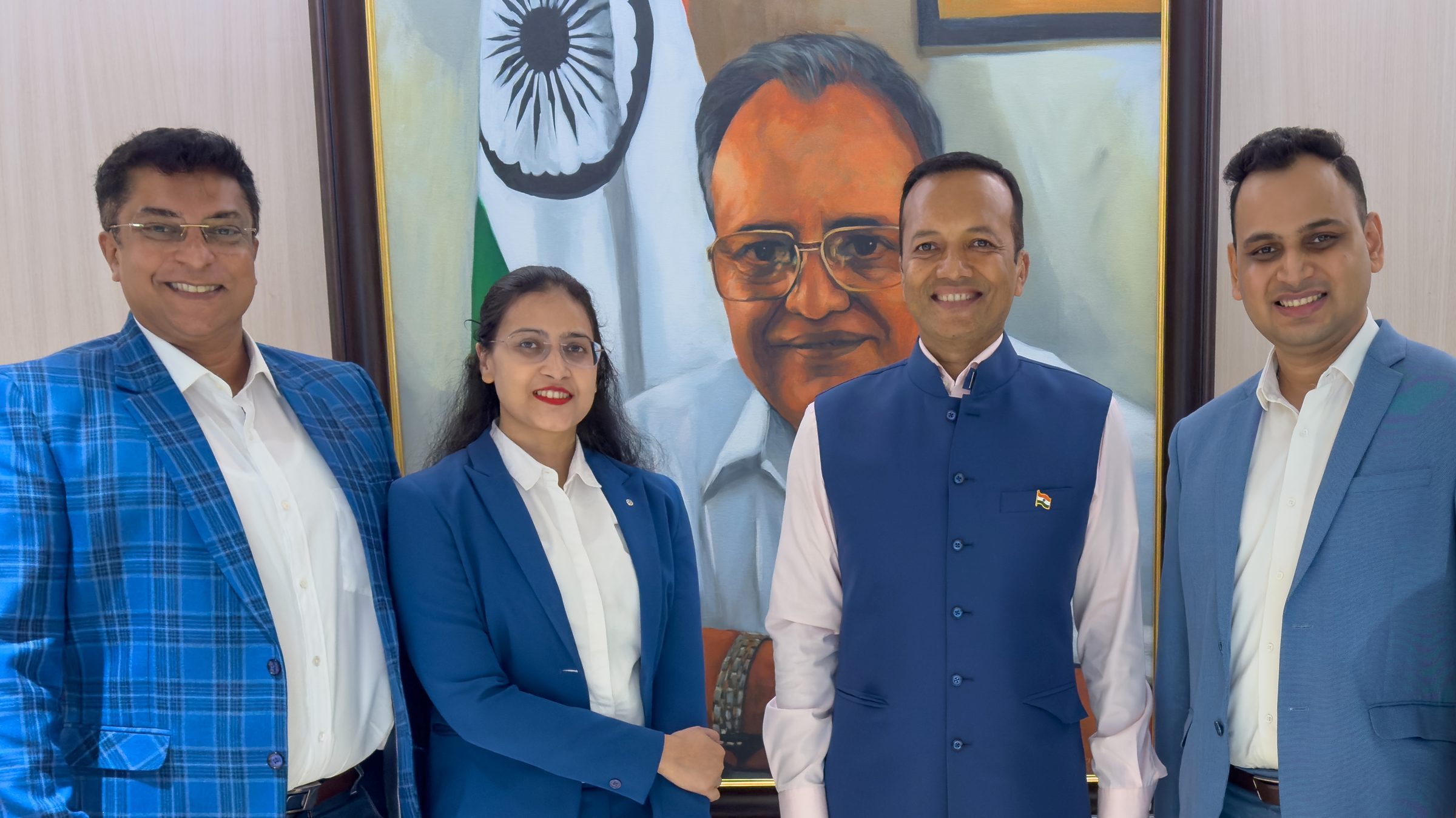 Lithvik Mukesh Sharma is photographed with Naveen Jindal (Chairman of Jindal Steel and founding chancellor of O.P. Jindal Global University), Dr. Jyoti Kush, and Dr. Binu at a New Delhi evening