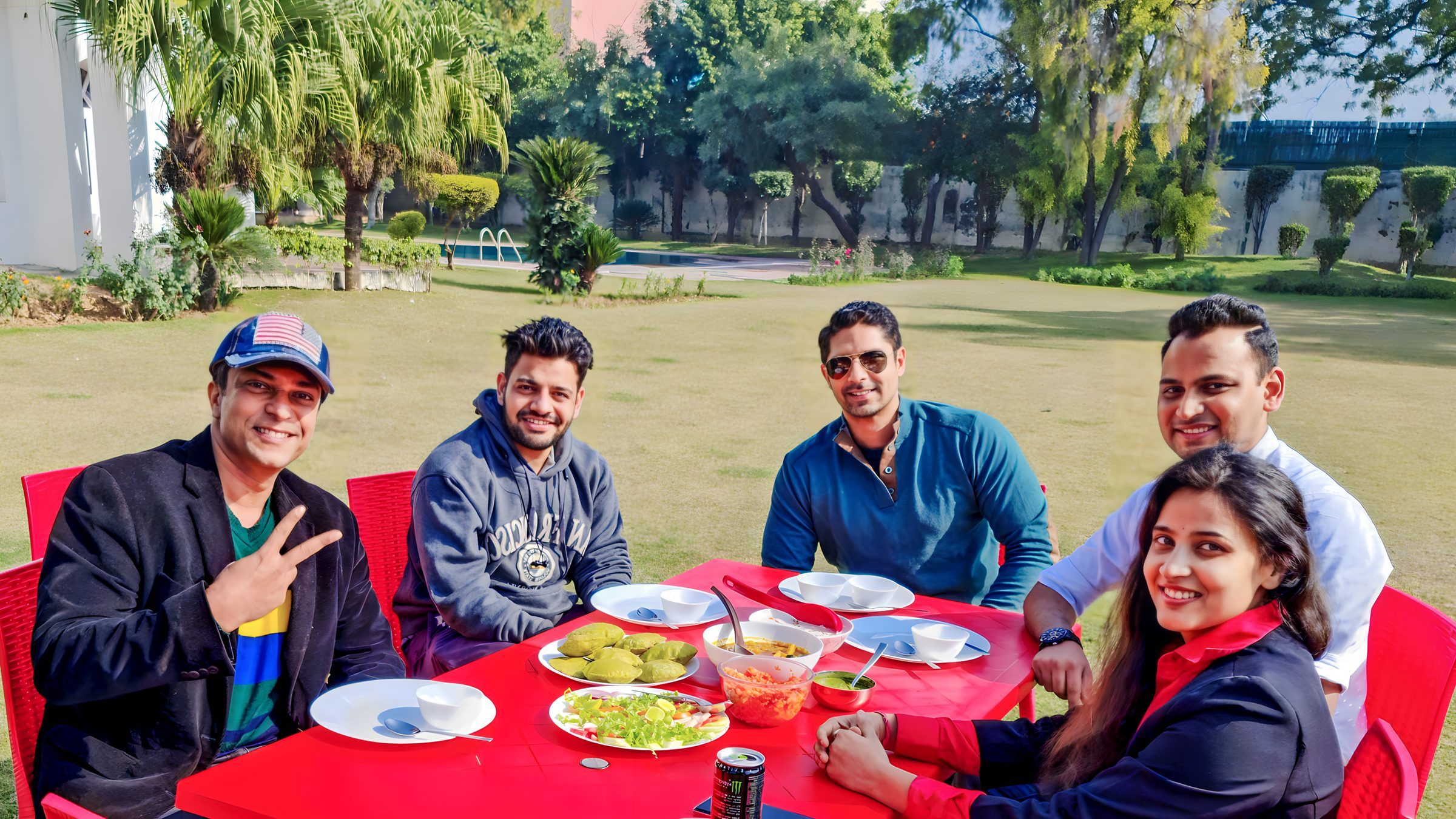 Lithvik Mukesh Sharma is photographed with Sumer Raj Chadha, Ajay Vishnu, Dr. Jyoti Kush and Dr. Binu at a farmhouse lunch meeting.
